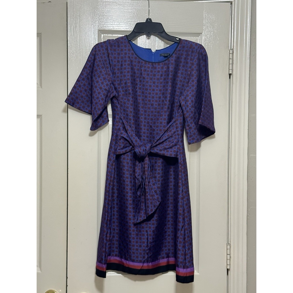 Ann Taylor Womens Geometric Knee Length Dress 0 Blue Purple 3/4 Sleeve Tie Waist